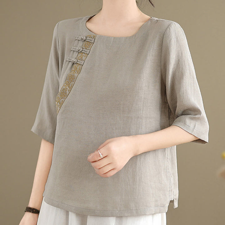 Camisa informal de lino y algodón con estampado floral bordado de Buddha Stones para mujer, cuello redondo, manga corta y botones de rana - image 5