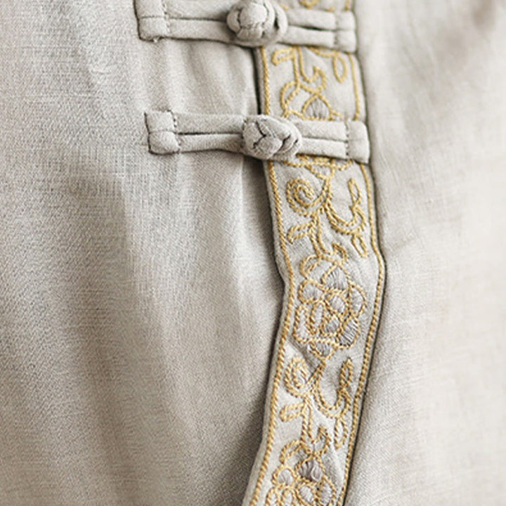 Camisa informal de lino y algodón con estampado floral bordado de Buddha Stones para mujer, cuello redondo, manga corta y botones de rana - image 11