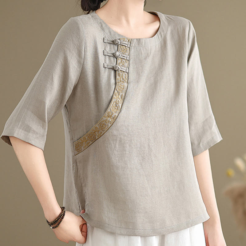 Camisa informal de lino y algodón con estampado floral bordado de Buddha Stones para mujer, cuello redondo, manga corta y botones de rana - image 1