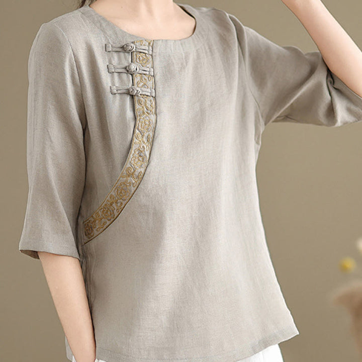 Camisa informal de lino y algodón con estampado floral bordado de Buddha Stones para mujer, cuello redondo, manga corta y botones de rana - image 4