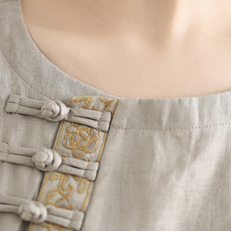 Camisa informal de lino y algodón con estampado floral bordado de Buddha Stones para mujer, cuello redondo, manga corta y botones de rana - image 7