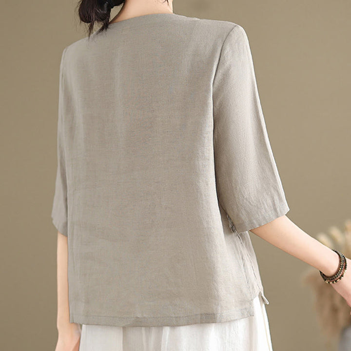 Camisa informal de lino y algodón con estampado floral bordado de Buddha Stones para mujer, cuello redondo, manga corta y botones de rana - image 2