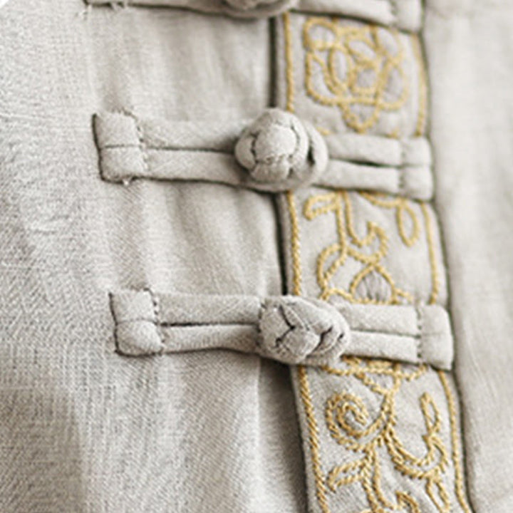 Camisa informal de lino y algodón con estampado floral bordado de Buddha Stones para mujer, cuello redondo, manga corta y botones de rana - image 10