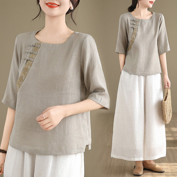 Camisa informal de lino y algodón con estampado floral bordado de Buddha Stones para mujer, cuello redondo, manga corta y botones de rana - image 6