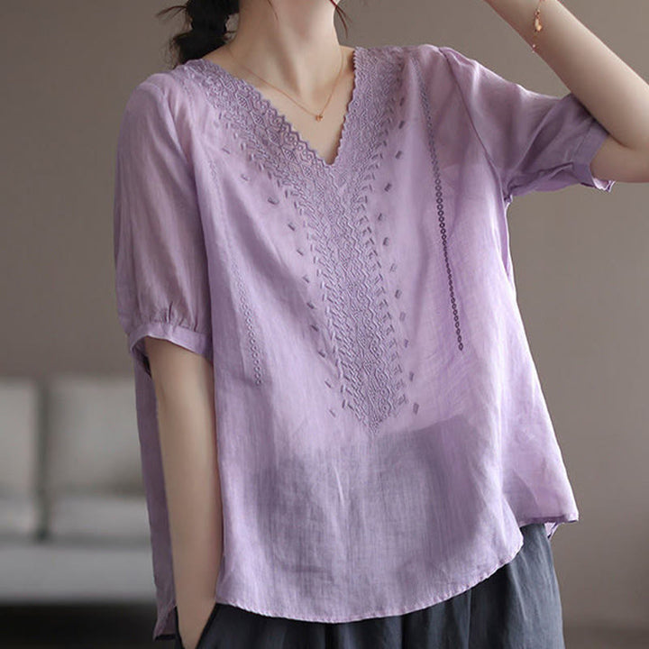 Camiseta de lino y algodón con cuello en V y media manga para mujer, informal, con estampado bordado de Buddha Stones, de verano - Ciruela - US8-10，UK/AU12-14，EU40-42 (2XL) - image 0