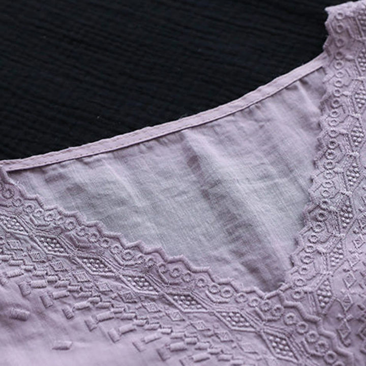 Camiseta de lino y algodón con cuello en V y media manga para mujer, informal, con estampado bordado de Buddha Stones, de verano - image 2