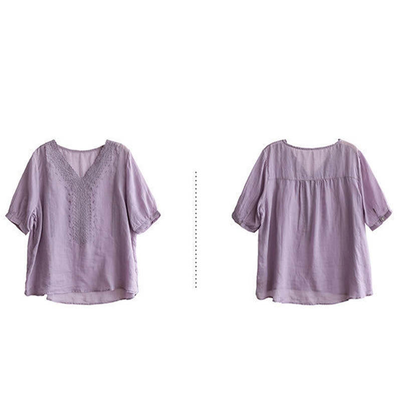 Camiseta de lino y algodón con cuello en V y media manga para mujer, informal, con estampado bordado de Buddha Stones, de verano - image 5