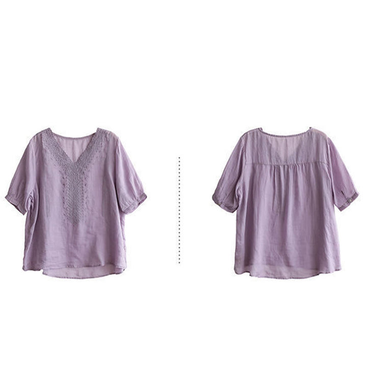 Camiseta de lino y algodón con cuello en V y media manga para mujer, informal, con estampado bordado de Buddha Stones, de verano - image 5