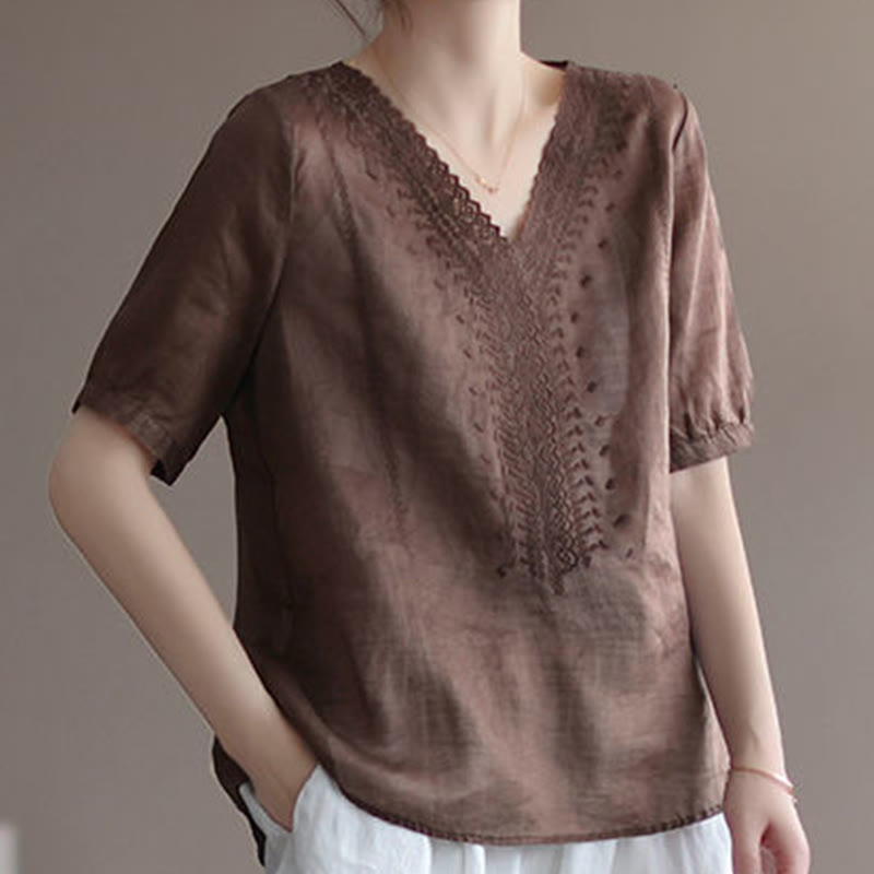 Camiseta de lino y algodón con cuello en V y media manga para mujer, informal, con estampado bordado de Buddha Stones, de verano - image 7