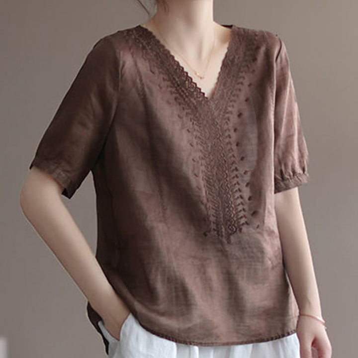 Camiseta de lino y algodón con cuello en V y media manga para mujer, informal, con estampado bordado de Buddha Stones, de verano - image 7