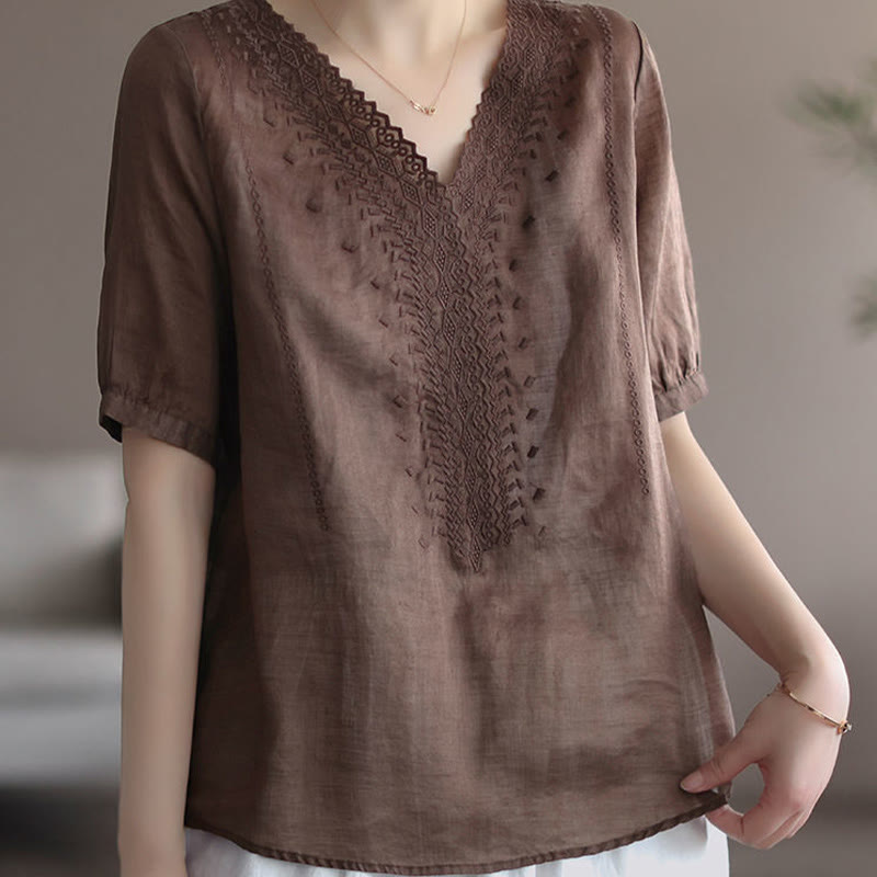 Camiseta de lino y algodón con cuello en V y media manga para mujer, informal, con estampado bordado de Buddha Stones, de verano - image 8