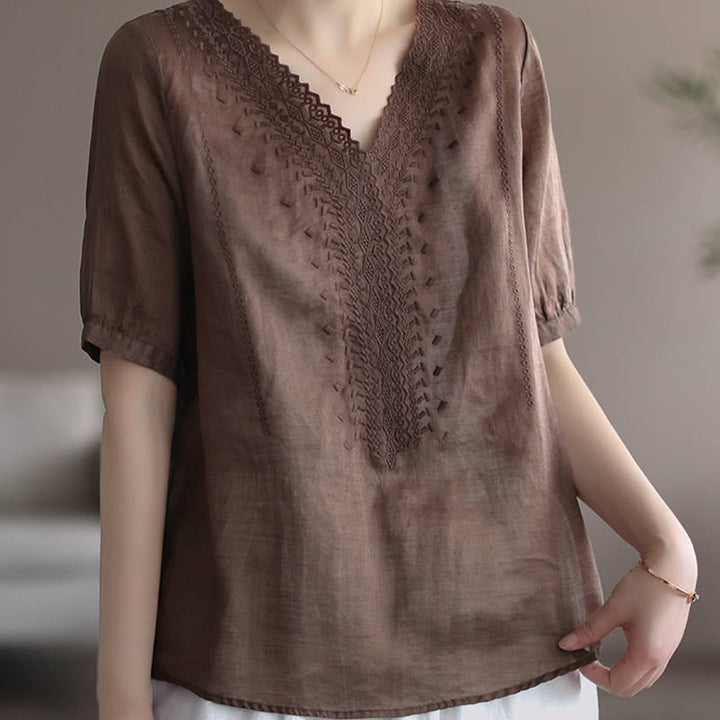 Camiseta de lino y algodón con cuello en V y media manga para mujer, informal, con estampado bordado de Buddha Stones, de verano - image 8