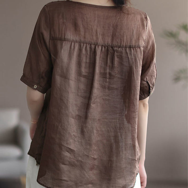 Camiseta de lino y algodón con cuello en V y media manga para mujer, informal, con estampado bordado de Buddha Stones, de verano - image 9