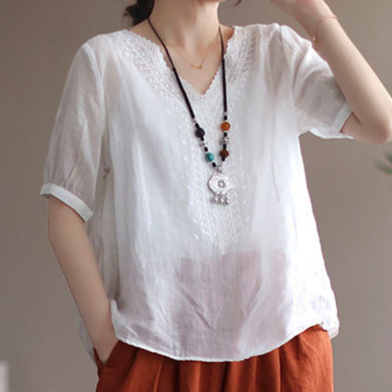 Camiseta de lino y algodón con cuello en V y media manga para mujer, informal, con estampado bordado de Buddha Stones, de verano - image 11