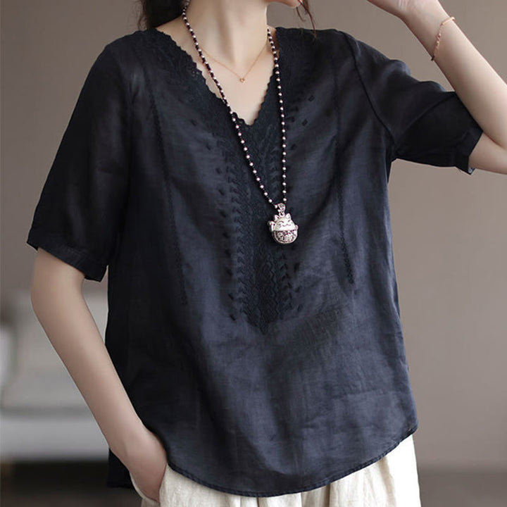 Camiseta de lino y algodón con cuello en V y media manga para mujer, informal, con estampado bordado de Buddha Stones, de verano - image 13