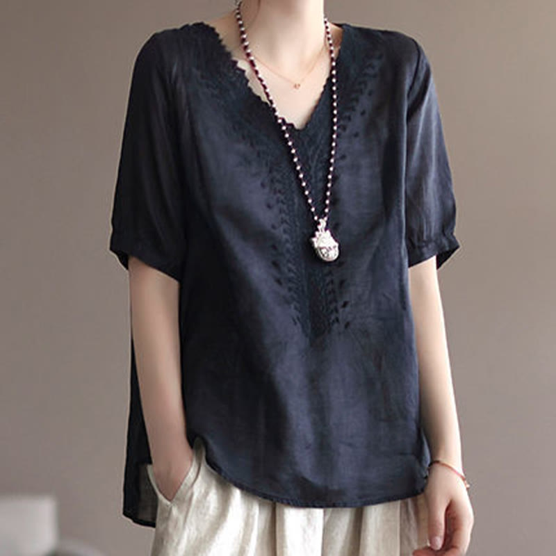 Camiseta de lino y algodón con cuello en V y media manga para mujer, informal, con estampado bordado de Buddha Stones, de verano - image 14