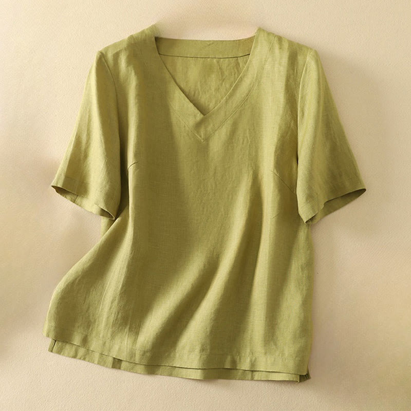 Camiseta de algodón de media manga con cuello en V y diseño informal de Buddha Stones para mujer, de verano - Verde amarillento - US8-10，UK/AU12-14，EU40-42 (2XL) - image 0