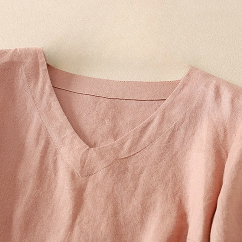 Camiseta de algodón de media manga con cuello en V y diseño informal de Buddha Stones para mujer, de verano - image 6