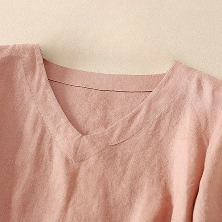 Camiseta de algodón de media manga con cuello en V y diseño informal de Buddha Stones para mujer, de verano - image 6