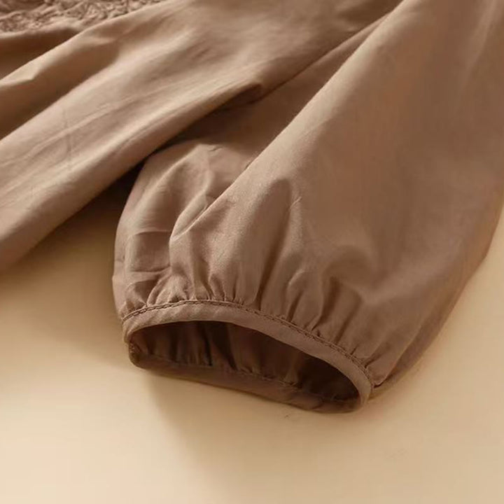 Camisa informal de lino y algodón con cuello redondo y media manga para mujer con estampado floral bordado de Buddha Stones - image 4