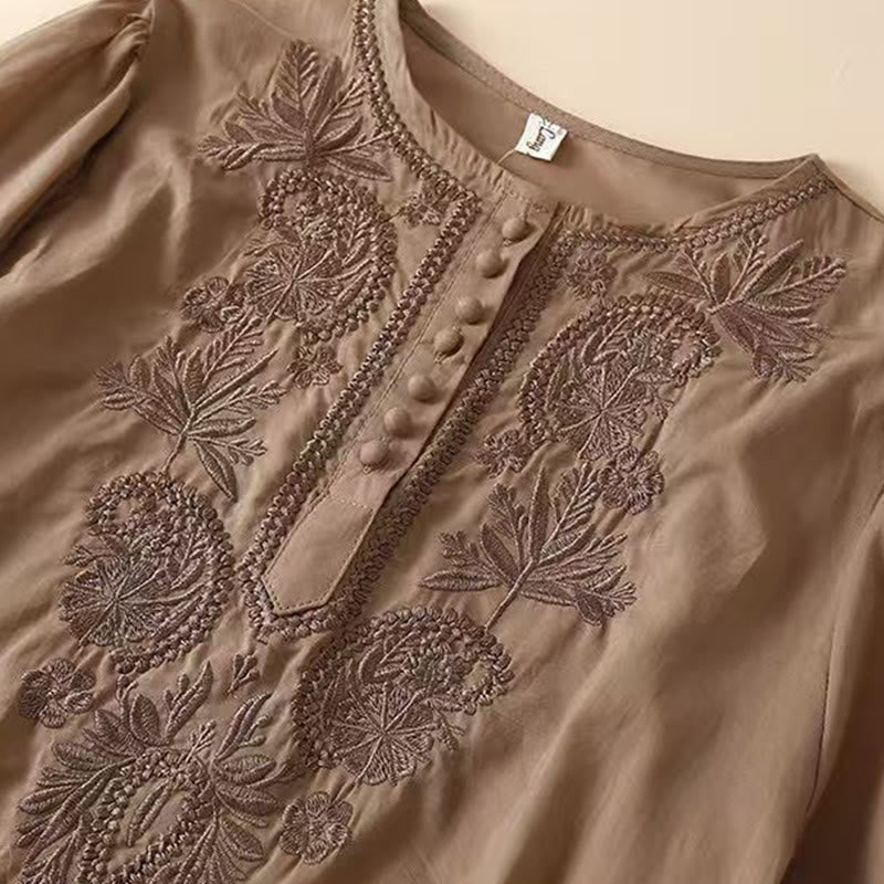 Camisa informal de lino y algodón con cuello redondo y media manga para mujer con estampado floral bordado de Buddha Stones - image 2