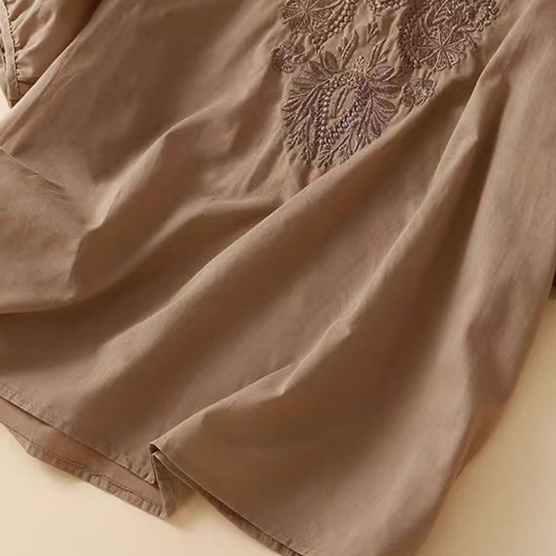 Camisa informal de lino y algodón con cuello redondo y media manga para mujer con estampado floral bordado de Buddha Stones - image 7