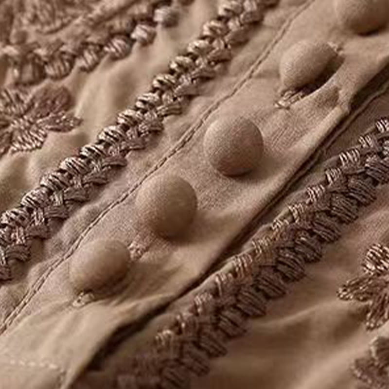 Camisa informal de lino y algodón con cuello redondo y media manga para mujer con estampado floral bordado de Buddha Stones - image 5