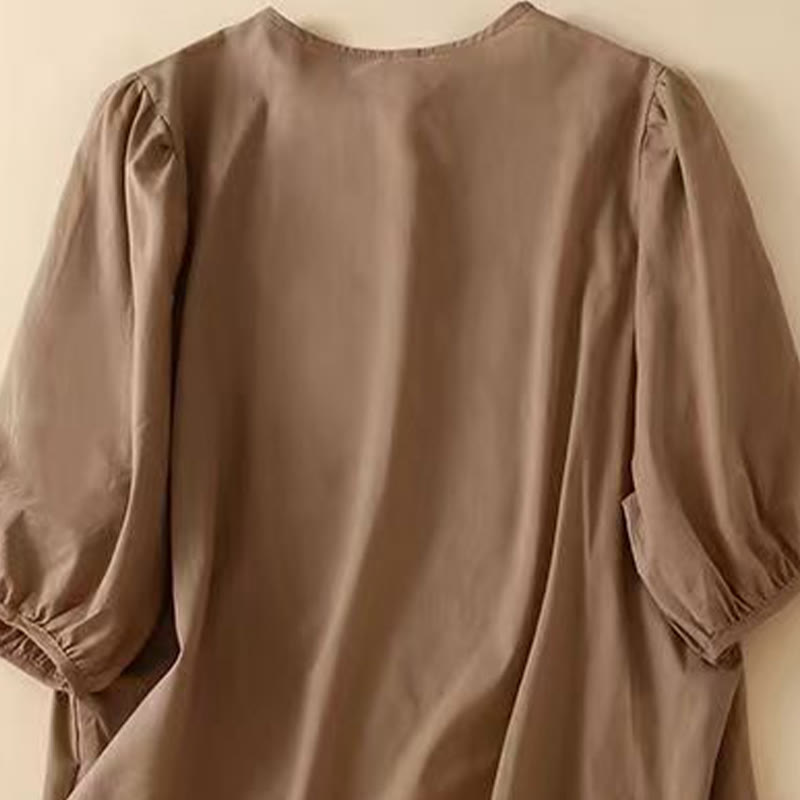 Camisa informal de lino y algodón con cuello redondo y media manga para mujer con estampado floral bordado de Buddha Stones - image 1