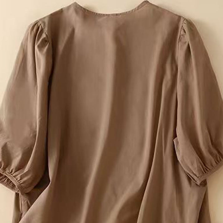 Camisa informal de lino y algodón con cuello redondo y media manga para mujer con estampado floral bordado de Buddha Stones - image 1