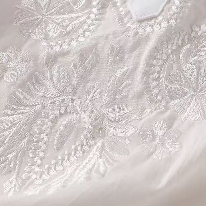 Camisa informal de lino y algodón con cuello redondo y media manga para mujer con estampado floral bordado de Buddha Stones - image 12