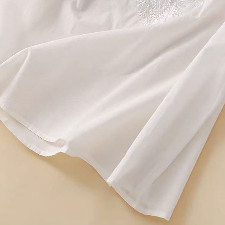 Camisa informal de lino y algodón con cuello redondo y media manga para mujer con estampado floral bordado de Buddha Stones - image 11