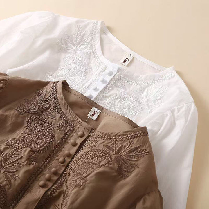 Camisa informal de lino y algodón con cuello redondo y media manga para mujer con estampado floral bordado de Buddha Stones - image 15