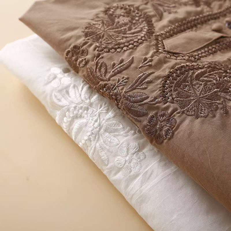 Camisa informal de lino y algodón con cuello redondo y media manga para mujer con estampado floral bordado de Buddha Stones - image 16