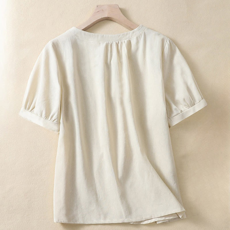 Camisa de lino de manga corta con cuello redondo y botones, estilo casual para mujer, con estampado de Buddha Stones. - image 1