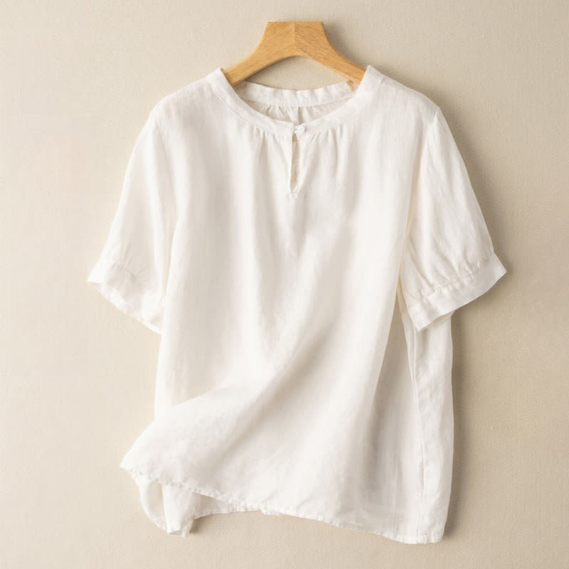 Camisa de lino de manga corta con cuello redondo y botones, estilo casual para mujer, con estampado de Buddha Stones. - Nieve - US8-10，UK/AU12-14，EU40-42 (2XL) - image 2
