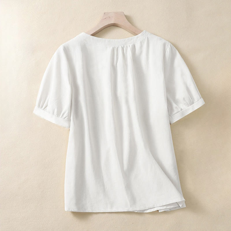 Camisa de lino de manga corta con cuello redondo y botones, estilo casual para mujer, con estampado de Buddha Stones. - image 3