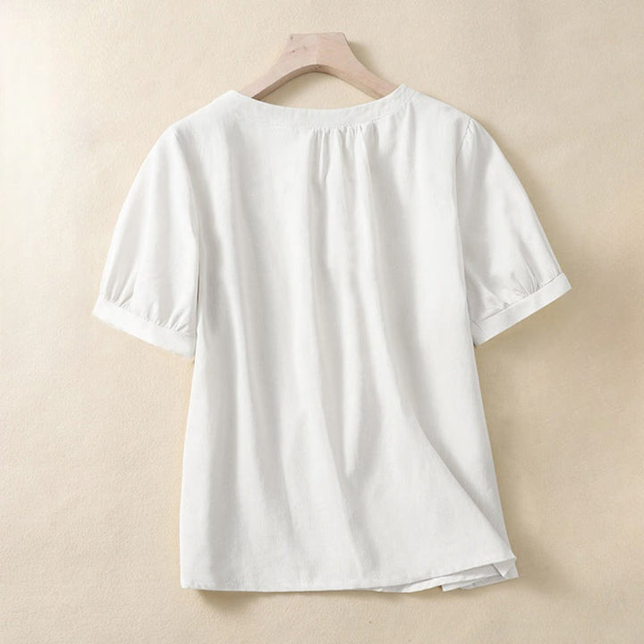 Camisa de lino de manga corta con cuello redondo y botones, estilo casual para mujer, con estampado de Buddha Stones. - image 3
