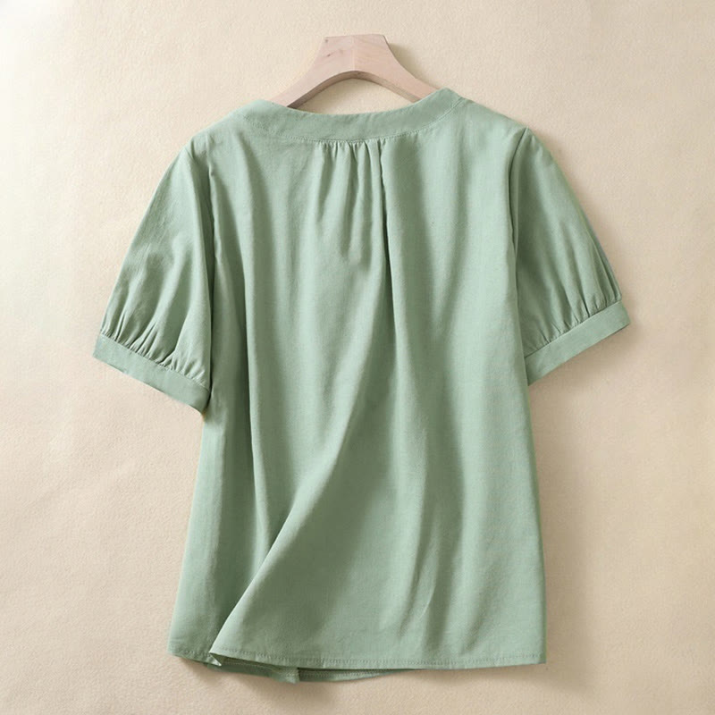 Camisa de lino de manga corta con cuello redondo y botones, estilo casual para mujer, con estampado de Buddha Stones. - Verde mar oscuro - US8-10，UK/AU12-14，EU40-42 (2XL) - image 4