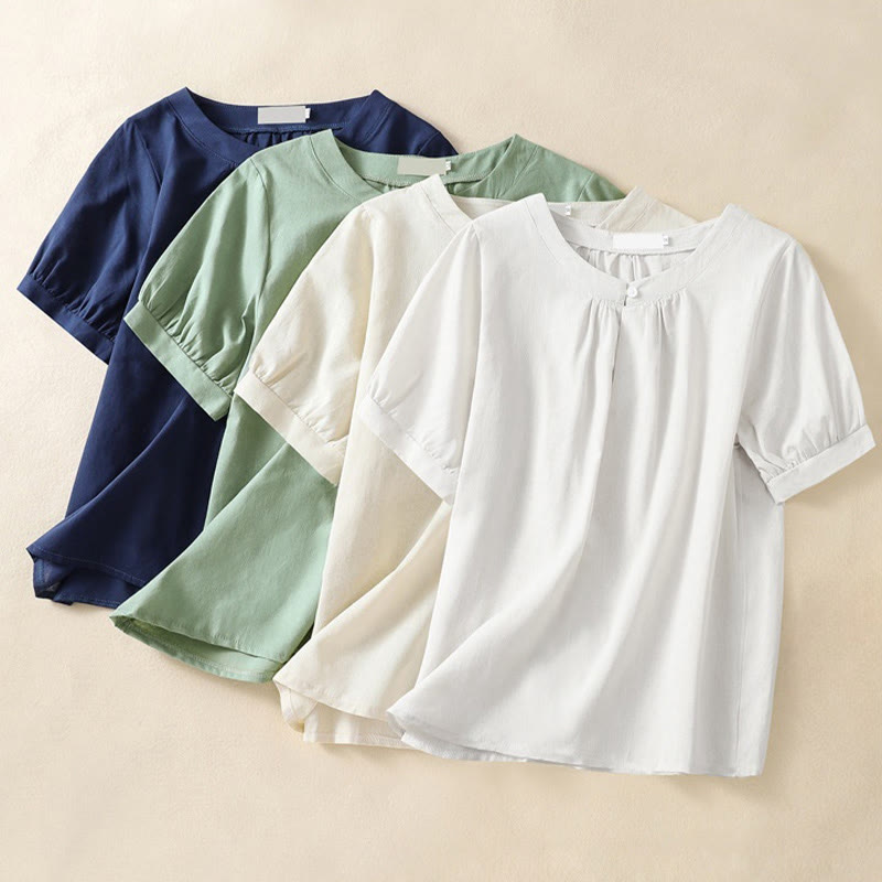 Camisa de lino de manga corta con cuello redondo y botones, estilo casual para mujer, con estampado de Buddha Stones. - image 10