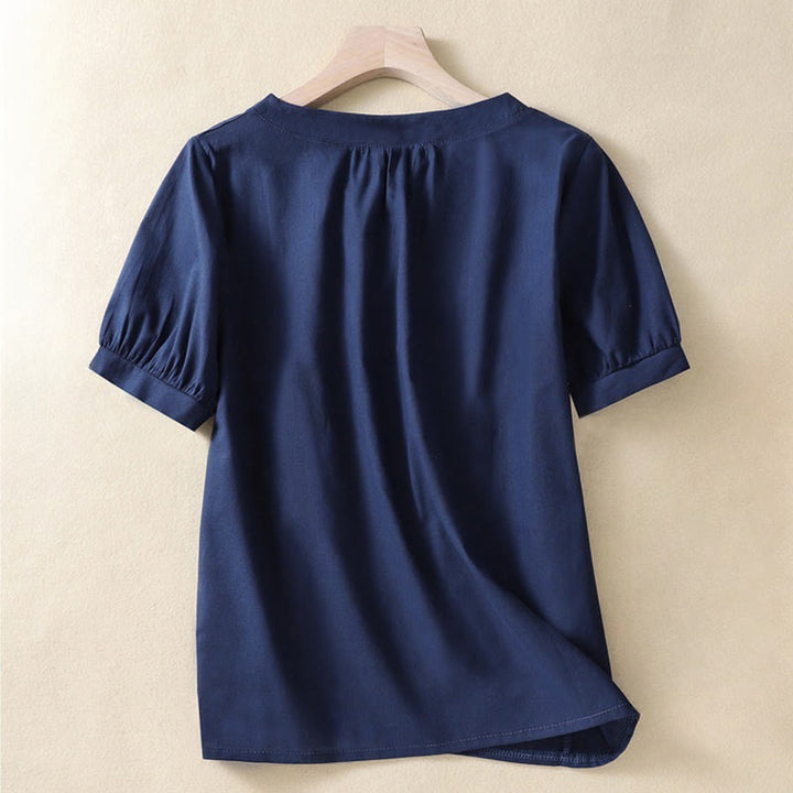 Camisa de lino de manga corta con cuello redondo y botones, estilo casual para mujer, con estampado de Buddha Stones. - image 7