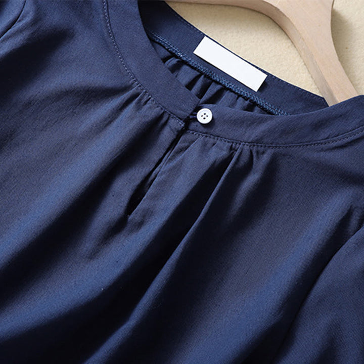 Camisa de lino de manga corta con cuello redondo y botones, estilo casual para mujer, con estampado de Buddha Stones. - image 8