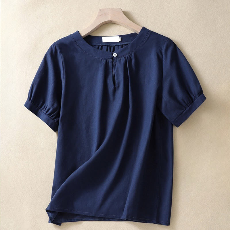 Camisa de lino de manga corta con cuello redondo y botones, estilo casual para mujer, con estampado de Buddha Stones. - Marina de guerra - US8-10，UK/AU12-14，EU40-42 (2XL) - image 6