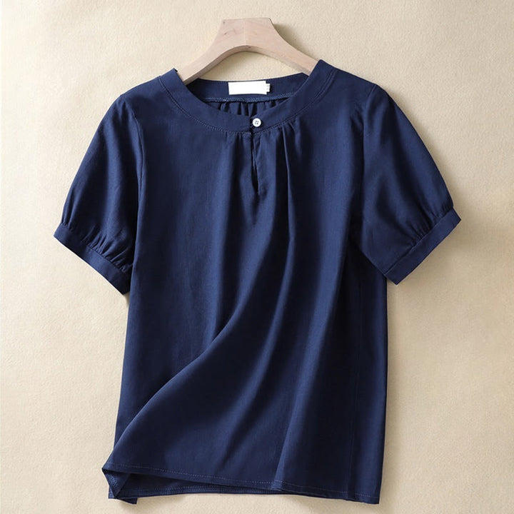 Camisa de lino de manga corta con cuello redondo y botones, estilo casual para mujer, con estampado de Buddha Stones. - Marina de guerra - US8-10，UK/AU12-14，EU40-42 (2XL) - image 6