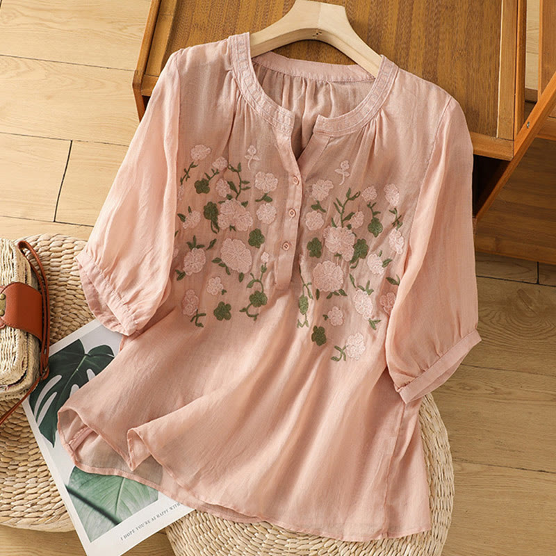 Camisa informal de lino y algodón con cuello en V y media manga para mujer, con estampado de flores y hojas verdes bordadas y piedras de Buddha Stones - image 1