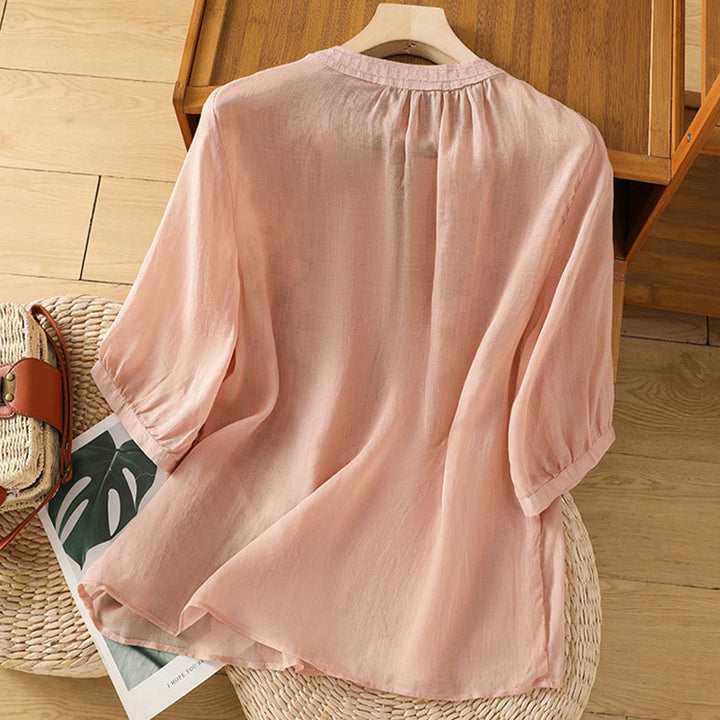 Camisa informal de lino y algodón con cuello en V y media manga para mujer, con estampado de flores y hojas verdes bordadas y piedras de Buddha Stones - image 4