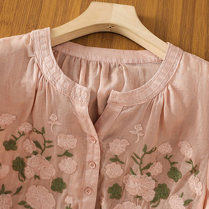 Camisa informal de lino y algodón con cuello en V y media manga para mujer, con estampado de flores y hojas verdes bordadas y piedras de Buddha Stones - image 7