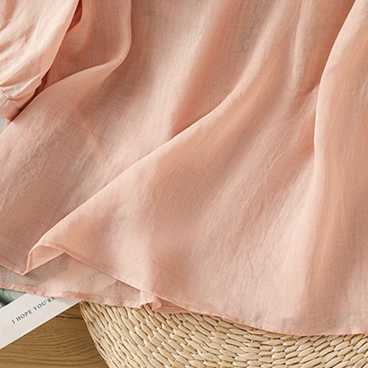 Camisa informal de lino y algodón con cuello en V y media manga para mujer, con estampado de flores y hojas verdes bordadas y piedras de Buddha Stones - image 6