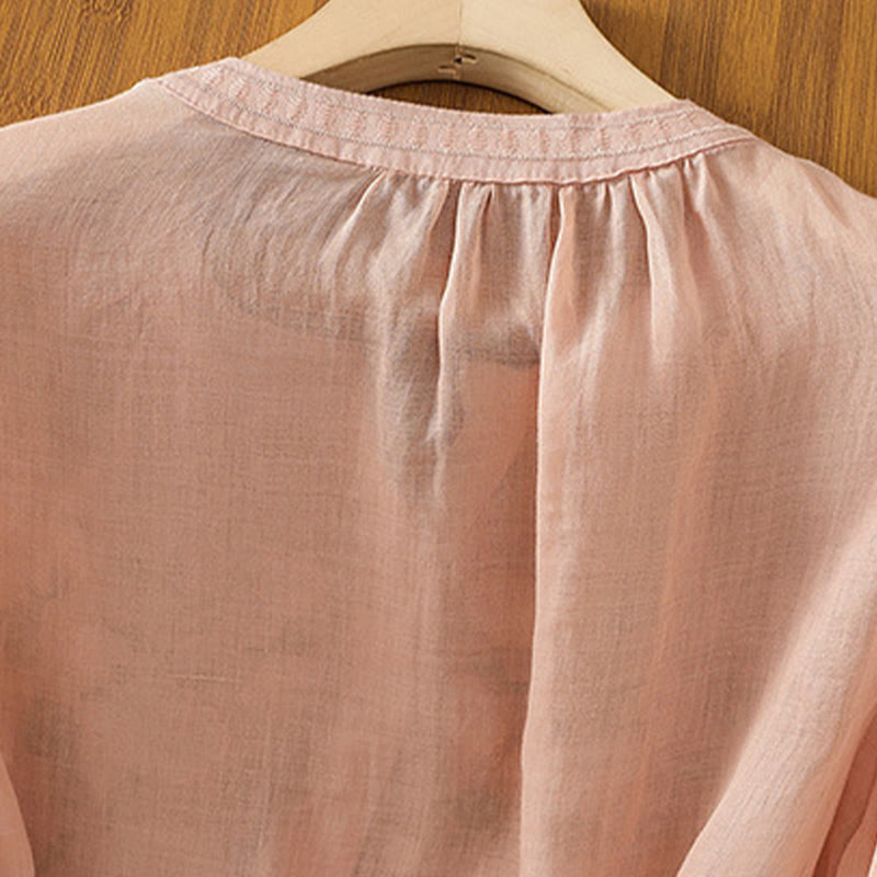 Camisa informal de lino y algodón con cuello en V y media manga para mujer, con estampado de flores y hojas verdes bordadas y piedras de Buddha Stones - image 5