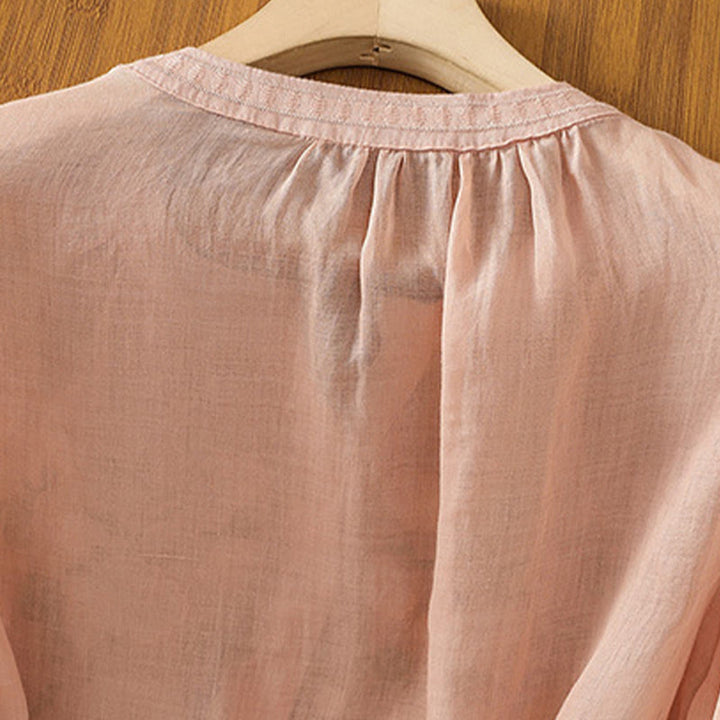 Camisa informal de lino y algodón con cuello en V y media manga para mujer, con estampado de flores y hojas verdes bordadas y piedras de Buddha Stones - image 5