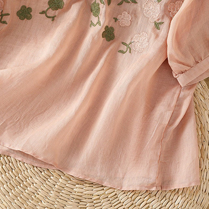 Camisa informal de lino y algodón con cuello en V y media manga para mujer, con estampado de flores y hojas verdes bordadas y piedras de Buddha Stones - image 3